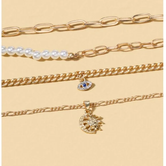 Boho Gold Tone Evil Eye Moon Multilayer Necklace - Picture 2 of 4